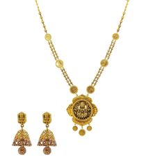 An image of the Antique Medallion 22K gold necklace set from Virani Jewelers. 22k Yellow Gold Chandbali Kundan Necklace, Temple Jewelry In Yellow Gold And Dual-tone, Temple Jewelry Dual-tone Yellow Gold Jewelry, Dual-tone Yellow Gold Temple Jewelry, Temple Style Dual-tone Yellow Gold Jewelry, Yellow Gold Round Temple Necklace With Meenakari, Traditional Dual-tone Yellow Gold Jewelry, Gold Hallmarked Chandbali Temple Necklace, Traditional Dual-tone Gold Jewelry Sets