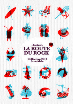 the poster shows different types of chairs and umbrellas in red, white and blue