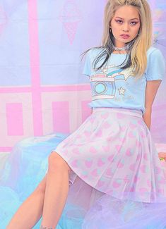 Material: Polyester , Spandex Silky smooth fabric One Size Waist 24"-30" Elastic Waist Band Skirt Length: 17" Flared Style Cutesy Style, Goth Academia, Kawaii Outfits, Clown Illustration, Strawberry Pattern, Kawaii Dress, Kawaii Clothes, Flared Skirt, Pastel Goth