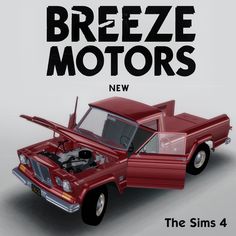 a red truck with the words breeze breeze motors next to it's hood open