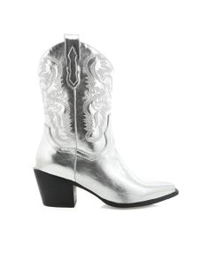 Dahini by Billini is a glam metallic cowboy boot.We've got your next festival look covered with this ultra-statement metallic cowboy boot.Featuring:mid stacked block heelclosed pointed toestructured upperwestern inspired embroideryoversized side pull tabs for a pull on designstatement metallic finishsynthetic upper, lining and outsoleHeel height 6.5cm. Silver Metallic Boots, Dress Cowboy Boots, Dresses With Cowboy Boots, Silver Cocktail Dress, Summertime Outfits, Metallic Boots, Silver Cocktail, Custom Cat, Festival Looks