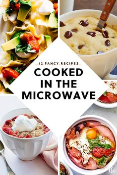 four different pictures with the words, cooked in the microwave and an image of food