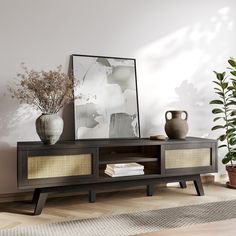 a living room scene with focus on the tv stand and vases in the corner