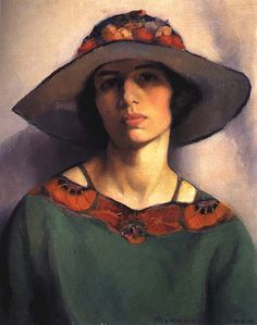 a painting of a woman wearing a green dress and large hat with flowers on it