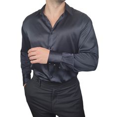 This men's silk dress shirt is made from shimmering 100% Mulberry Silk and is soft, smooth, and lightweight. This shirt can be worn year round, in hot or cold weather, thanks to silk's breathability and moisture wicking properties. Wear this shirt untucked for a relaxed and leisurely look, or tuck the shirt in for more formal settings. Our silk shirts are so incredibly comfortable and luxurious that you may never want to wear a dress shirt made from any other type of fabric again! ** Please allo Silk Shirts For Men, Black Silk Shirt Men, Silk Shirt Outfit, Silk Dress Shirt, Silk Shirt Men, Black Silk Shirt, Satin Shirts, Black Suit Men, Adventure Seeker