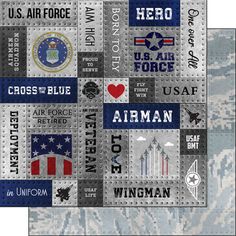 This 12" x 12" double sided paper, Air Force is from Scrapbook Customs. This paper features many Air Force words and images on metal-like pieces surrounded by rivets. The reverse side is a faded tan and green digitalized camo pattern with the same metal-like pieces and rivets as the front. These pieces can be cut out and used on various projects or this paper can be used as a whole piece of paper for scrapbook pages, shadow boxes, and other paper crafting and mixed media projects. This paper is Air Force Graduation, Military Scrapbook, Paper For Scrapbook, Military Air Force, Graduation Scrapbook, Custom Scrapbook, Scrap Page, Air Force Veteran, For Scrapbook