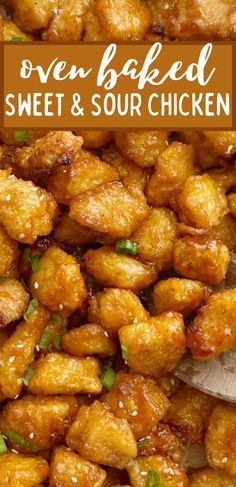 sweet and sour chicken on a wooden spoon with the words oven baked sweet and sour chicken