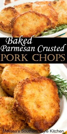 baked parmesan crusted pork chops on a white plate