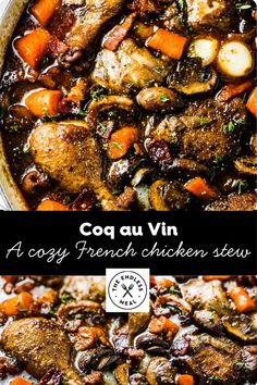 two pictures with different types of food in them and the words coq au vin