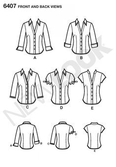 sewing pattern for men's shirts with collars and sleeves, front and back views