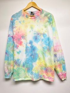 Hand made Tie dye Long sleeve T-shirt , 5.3oz 100% cotton T-shirt.  There will be variations in each T-shirt, I will do the best to keep the same look as the samples.  Suggestions for improvement are appreciated. If not satisfied, please contact me. Spring Tie-dye Tops With Watercolor Print, Casual Tie Dye Watercolor Print Top, Casual Tie Dye Top With Watercolor Print, Spring Tie Dye Top With Watercolor Print, Multicolor Watercolor Print T-shirt For Spring, Tie Dye Rainbow Print Crew Neck Top, Tie Dye Crew Neck Top With Rainbow Print, Casual Long Sleeve Rainbow T-shirt, Acid Wash Long Sleeve Cotton T-shirt