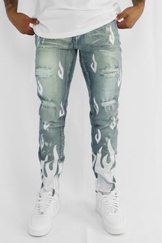 Zamage Flame Denim - Turn Up the Heat with These Fire Jeans! Blue Jeans Outfit Men, Fire Jeans, Paint Splatter Jeans, Jeans Outfit Men, Blue Jean Outfits, Diy Fashion Clothing, Upcycle Jeans, Fashion Suits For Men, Jeans Diy