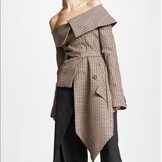 Brown Wool Blend Plaid Blazer Excellent Condition. Never Worn Lining: Silk 95%, Spandex/Elastin 5% Outer: Polyester 50%, Wool 50% Chic Tailored Asymmetrical Outerwear, Tailored Asymmetrical Fall Outerwear, Asymmetrical Top For Office In Fall, Fitted Asymmetrical Outerwear For Office, Off Shoulder Jacket, Off Shoulder Fashion, Wool Blend Jacket, Plaid Blazer, Blazer Fashion