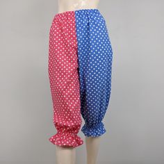 I have sewn these women polka dot bloomers from a 100% cotton fabric that I have machine washed and dried prior to sewing to limit any shrinkage of these pants. Sizing: Small fitting those wearing a pants size 6, Large fitting those wearing a pants size 10. Details: I have sewn all seams in these pants full size with the crotch seam being reinforced with a second row of stitching I then have serge stitched finished the seams. For the waistband I have used a 3/4 inch wide elastic for a more comfy Wonderland Musical, Jester Aesthetic, Clowncore Fashion, Clown Ideas, Clown Pants, Clown College, Clown Stuff, Quirky Clothing, Ruffle Bloomers