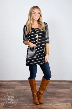 We are in LOVE with our new fabulous Striped Pocket tunic to add to your Winter wardrobe!  We love the stripes and pockets to give this tunic a pop that is sure to have you turning heads! The tunic length is great for leggings or jeans. The cotton/poly material is great quality and so comfortable and flattering. This is sure to be your favorite new go-to tunic, you may need every color! Sizing: SM 0-4Med 4-8Large 8-12Model is wearing a size small. Fits true to size and is a loose, ... Pocket Tunic, Striped Tunic, Mommy Style, Great Fashion, 8 Months, Girl Next Door, Tunic Length, Autumn Fashion Women, Next Door