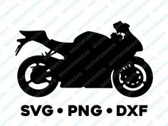 a motorcycle with the words svg png dxf in black and white