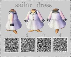 three different styles of sailor dress on mannequins with qr code below