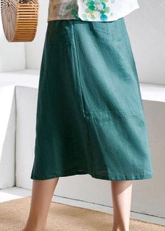 Simple Green Pencil Pockets Patchwork Summer Skirt Linen - SooLinen Spring Patchwork Knee-length Skirt, Casual Knee-length Patchwork Bottoms, Casual Patchwork Knee-length Bottoms, Casual Patchwork Skirt, Casual Patchwork Skirt For Spring, Casual Long Patchwork Skirt, Casual Patchwork Skirted Bottoms, Spring Green Skirt With Pockets, Relaxed Patchwork Skirted Bottoms