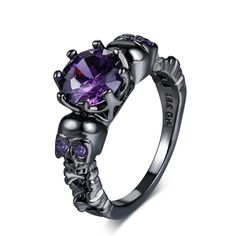 Gothic Purple Gemstone Ring with Sculpted Skulls - Vedlit Edgy Rings, Design Black Gold, Goth Ring, Women Skeleton, Diamond Skull, Black Gold Ring, Header Design, Gold Color Ring, Retro Punk