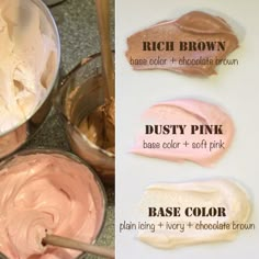 three different types of pink and white icing in metal pans with spoons