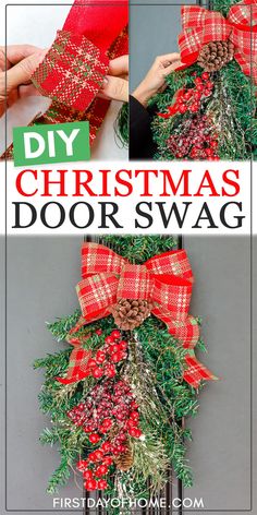 diy christmas door swag with pine cones and red ribbon