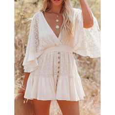 Season:Summer,Spring; Fabric:Lace; Sleeve Length:3/4 Length Sleeve; Look After Me:Machine wash; Gender:Women's; Style:A Line,Bohemia; Elasticity:Micro-elastic; Occasion:Date; Fit Type:Regular Fit; Dresses Type:Boho Chic Dresses,Lace Dress,White Boho Dress; Design:Button,Lace; Neckline:V Neck; Listing Date:01/19/2024; Bust:; Hips:; Length:; Sleeve:; Waist:; Fit US Size:; Fit UK Size:; Fit EU Size:; Dress Length Type:Mini Dress; Print Type:non-printing Bat Sleeves Dress, Stile Boho Chic, Lace Dress Casual, Lace Cutout, Lace Tunic, Casual Lace, Mini Dresses Summer, Loose Dress, Lace White Dress