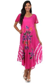 Sakkas Embroidered Painted Floral Cap Sleeve Cotton Dress Pink Cap Sleeve Dress For Summer, Pink Cap Sleeve Summer Dress, Summer Batik Print Flowy Dress, Casual Short Sleeve Maxi Dress With Floral Embroidery, Spring Tie Dye Batik Print Maxi Dress, Spring Tie Dye Maxi Dress With Batik Print, Embroidered Short Sleeve Maxi Dress For Summer, Summer Embroidered Maxi Dress With Short Sleeves, Summer Embroidered Short Sleeve Maxi Dress