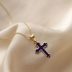 ⓂCross Enamel Dark Blue 14K Gold Necklace Dainty Gift For Woman Religious Jewelry Minimalist Necklace Modern Design Monsini Jewelry A crucifix symbolises the epitome of love and self sacrifice. It is symbolizing the Christian tradition, cross pendants are an exclamation of faith. Wear it daily as a reminder of your faith. The perfect size of the pendant makes it possible to wear with any outfit. You can layer it with your other necklaces. The product is produced using dark blue enamel. ⓂMaterial Blue Pendant Necklace In 14k Gold, Blue 14k Gold Pendant Necklace, Blue 14k Gold Jewelry With Adjustable Chain, Blue 14k Gold Necklace With Adjustable Chain, 14k Gold Necklace With Blue Adjustable Chain, Blue 14k Gold Tarnish-resistant Jewelry, Tarnish Resistant 14k Gold Blue Jewelry, Tarnish Resistant Blue Jewelry For Gift, Blue Gold-plated Tarnish-resistant Jewelry