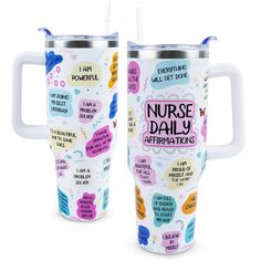 two travel mugs with words and phrases on them