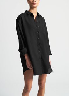 Our best-selling signature white linen shirt now comes in black. Made from our signature lightweight 100% organic and sustainable linen that softens with wear and time. The oversized style makes it perfect for throwing on over swimwear on vacation. Cut for a relaxed fit Designed for a long length Button fastening through front Fits true to size Linen Oversized Shirt, Long Black Shirt, Linen Sleeveless Top, Monogrammed Pajamas, Black Shirts Women, White Linen Shirt, Short Loungewear, Pajama Dress, Linen Shirt Dress