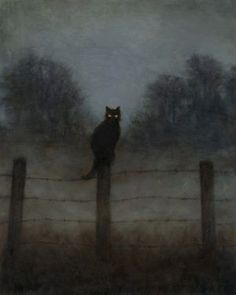 a painting of a cat sitting on top of a fence