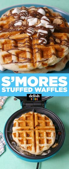 two waffles with chocolate drizzled on top and the words s'mores stuffed waffles above them