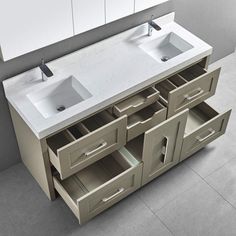 a double sink vanity with two sinks in the middle and an open drawer underneath it