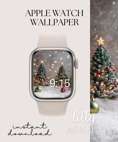 the apple watch wallpaper is displayed in front of an image of christmas trees and snow