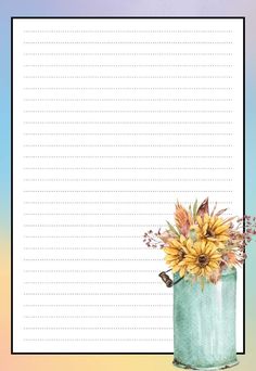 a blue mason jar with sunflowers on it and lined paper in the background