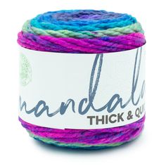 the yarn is multicolored and has white lettering on it