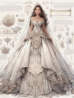 Fantasy Gowns Art, Fantasy Gowns Queens, Fantasy Ball Gowns, Drawing Princess, Gown Dress Design, Princess Dress Fairytale, Dress Design Ideas, Fairy Gown, Gaun Abad Pertengahan