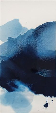 an abstract painting with blue and black colors