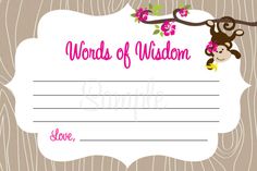 a card with a monkey hanging from a tree branch and the words word of vision on it