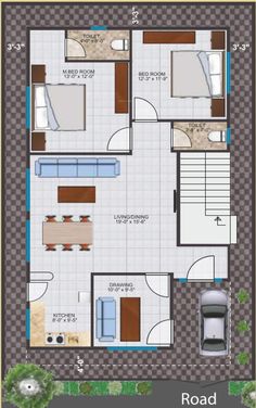 a floor plan for a house with two rooms and an attached garage, in the middle of