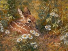 a painting of a deer laying down in the grass with daisies and wildflowers