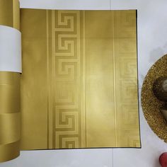 93524-2 Versace Striped Greek Key Gold Wallpaper Versace Wallpaper Room, Versace Wallpaper, Chanel Decor, Room Bedding, Versace Home, Tv Background, Greek Revival, Gold Wallpaper, Color Tones