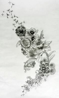 a black and white drawing of flowers with butterflies flying in the sky above it,