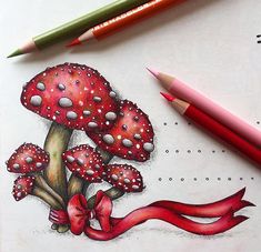 a drawing of mushrooms with red ribbon and pencils