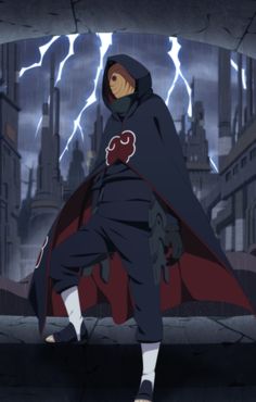 a man in a hooded jacket standing on a city street with lightning behind his back