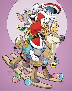 a cartoon character riding on top of a sleigh with two cats in it