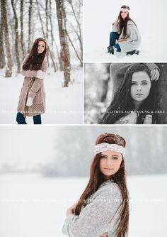 a woman is posing in the snow with long hair