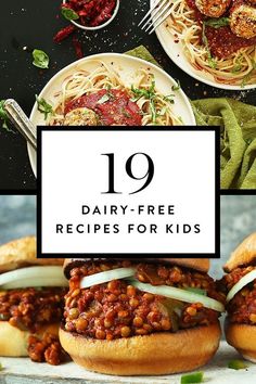 the top ten dairy - free recipes for kids are shown in this collage with text overlay