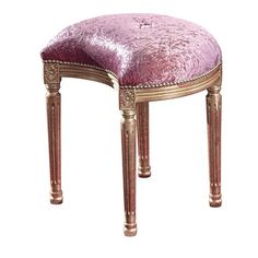 a pink velvet stool with gold trimmings on the legs and foot rests against a white background