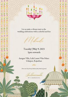 the wedding card is decorated with colorful flowers and birds, while an ornate chandelier hangs from the ceiling